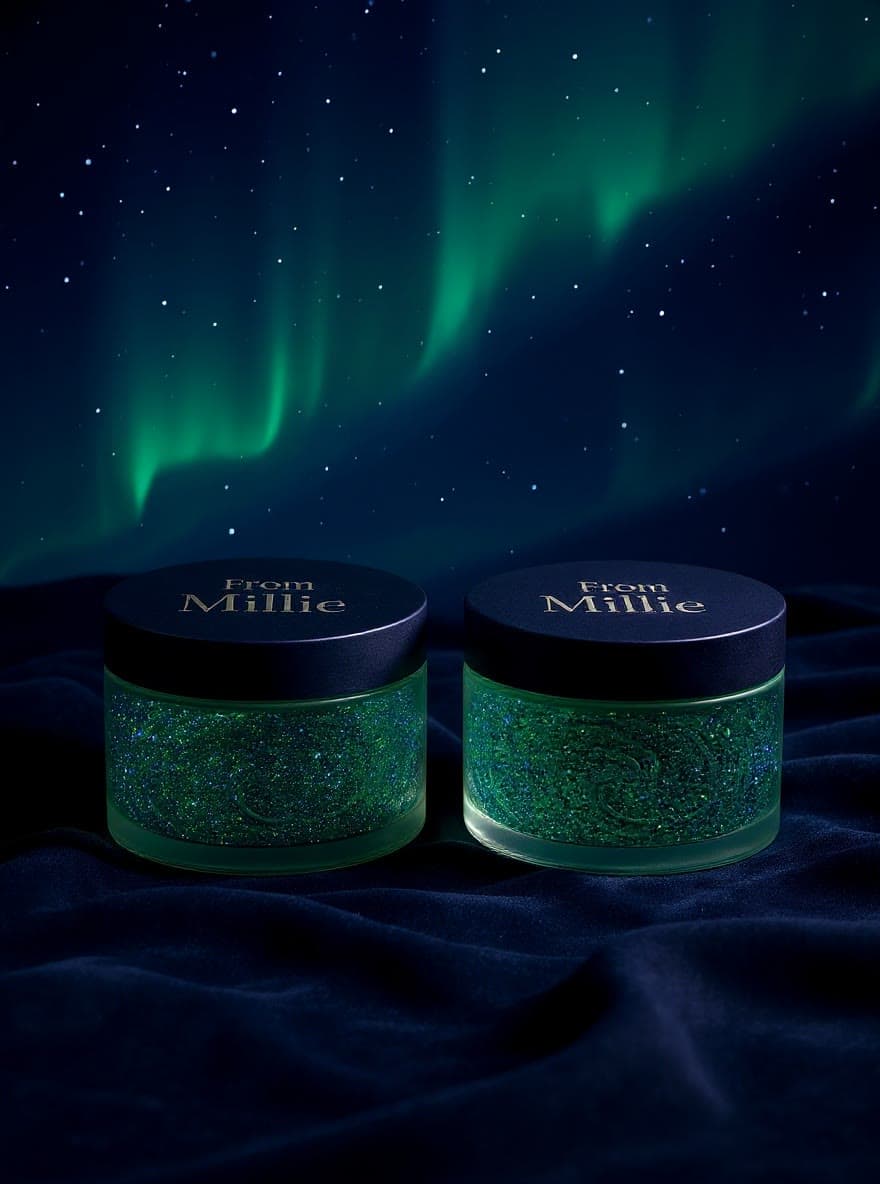 From Millie Blue Hour Pair, two Overnight Glow Sleeping Mask jars photographed on deep twilight indigo